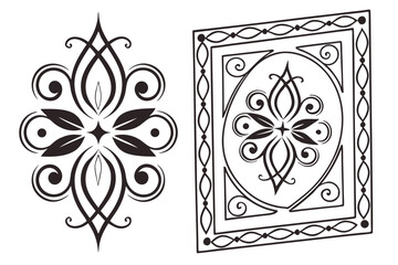 103 ornate tribal frames, black and white, symmetrical designs, swirling patterns, gothic aesthetic, abstract borders, intricate filigree, decorative silhouettes, curving lines, negative space, minima