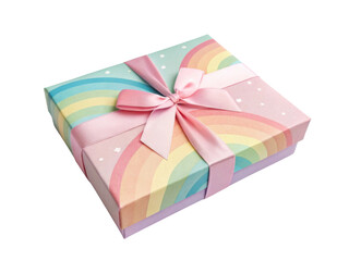 colorful gift box with rainbow design and pink ribbon creates cheerful presentation