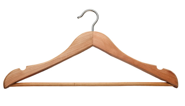 natural wooden hanger for clothes with notches for dress or blouse hanging storage solution with metal hook on isolated background full detailed object

