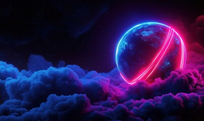 Obraz premium Futuristic neon planet surrounded by vibrant clouds in cosmic space