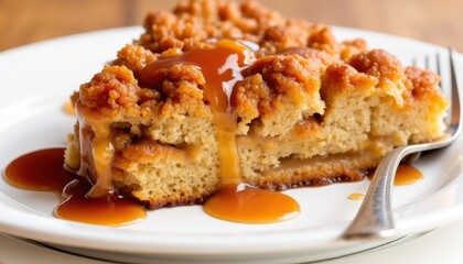 A spiced apple crumble cake drizzled with caramel sauce.
