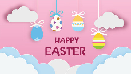 Happy Easter holiday greeting background with colorful eggs, clouds and decor elements