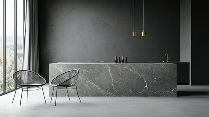 Modern kitchen interior with marble countertop, chairs, and window view