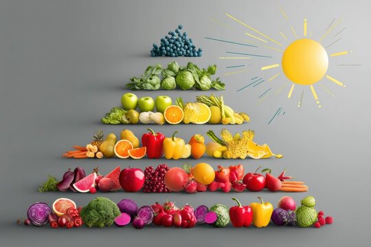 Nutrition Pyramid Created From Vibrant Fresh Produce With a Bright Sun Icon Shining Above in a Minimalist Kitchen Setting