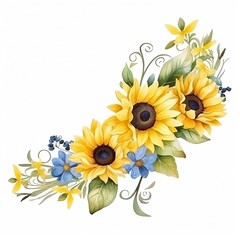 Watercolor sunflowers and blue flowers arrangement on a white backdrop art