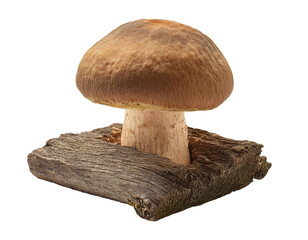 close-up of a single brown mushroom growing on textured tree wood on isolated background detailed natural organic fungi
