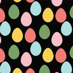 This design features a lively assortment of eggs in various pastel colors scattered against a black backdrop, ideal for springtime celebrations and decorations.