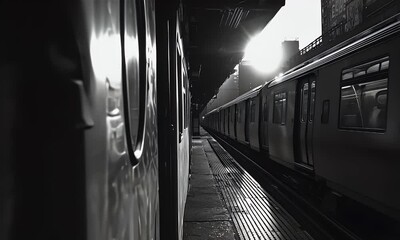 Sunlit train cars at a station, evoking urban transit. Gleaming tracks and carriages create a stark, monochrome feel - Powered by Adobe