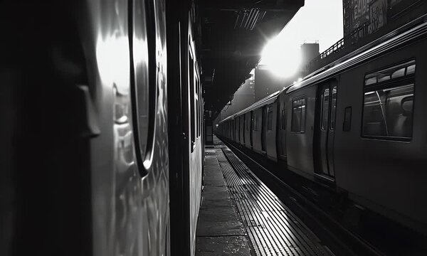 Sunlit train cars at a station, evoking urban transit. Gleaming tracks and carriages create a stark, monochrome feel