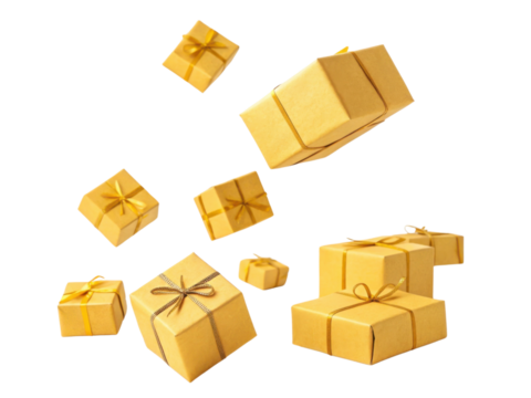 Golden gift boxes with elegant ribbons float gracefully in air creating festive atmosphere