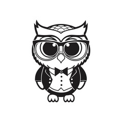 Owl Clipart Cartoon Bird Wearing Suit, Bowtie, and Glasses in Black and White Design
