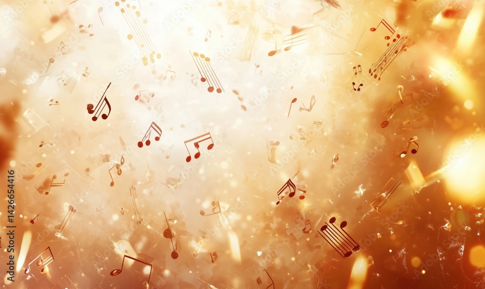 Aufkleber musical notes floating in a golden background with sparkling effects