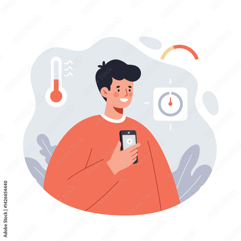 Poster young man using smartphone to monitor temperature and time with red sweater in digital health concep