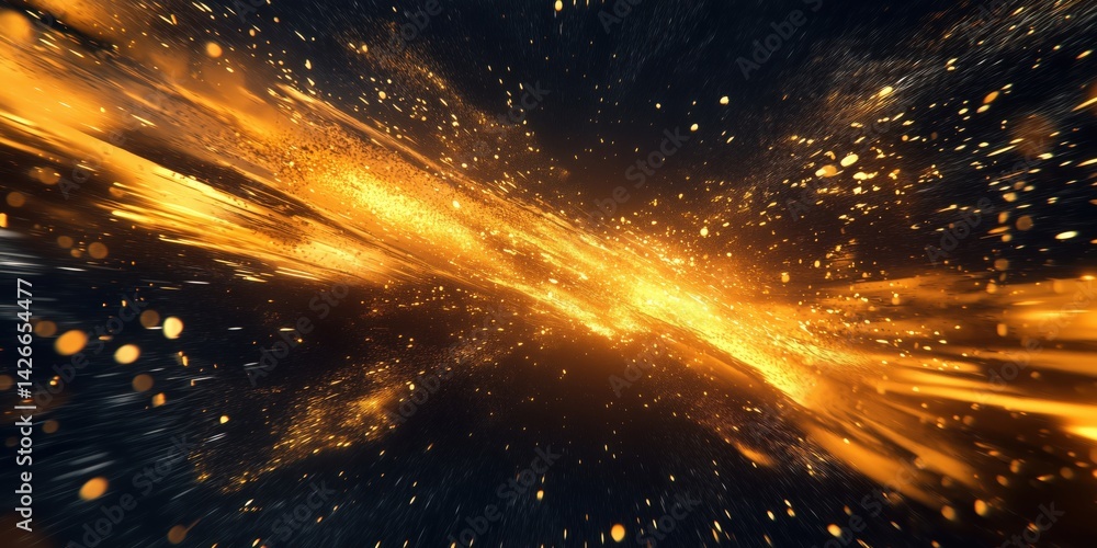 Poster dynamic golden explosion with particles and light streaks in dark space