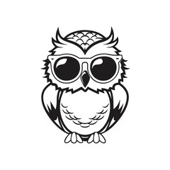Modern Owl Design Stylized Black and White Bird with Sunglasses on White Background
