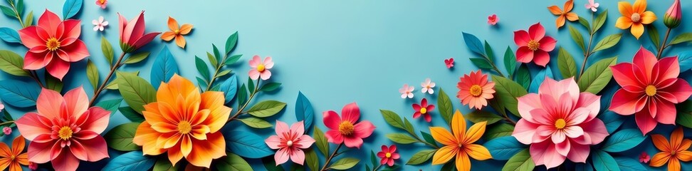 Fototapeta premium Intricate floral design with colourful paper cut flowers, mosaic, background, pattern