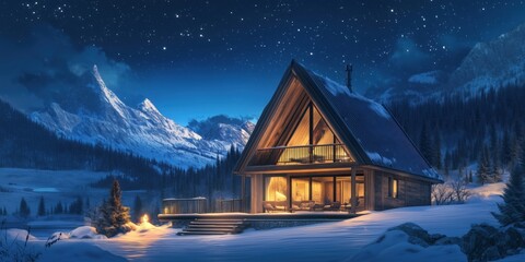 Fototapeta premium Cozy winter cabin in snowy mountains under starry night sky