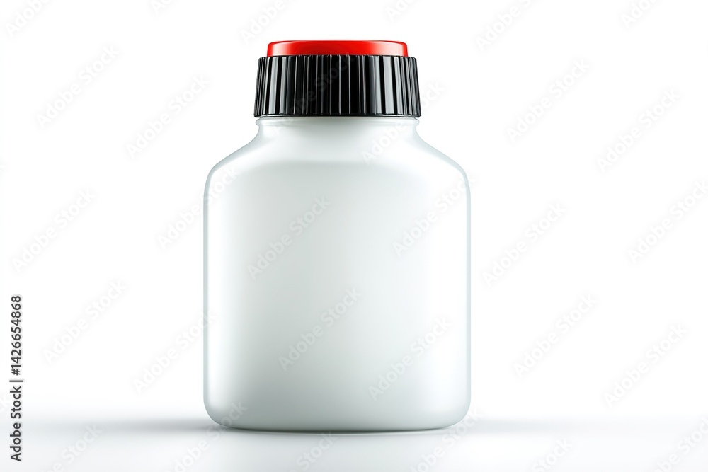 Poster white bottle with a black cap and red top against a plain background for product display or packagin