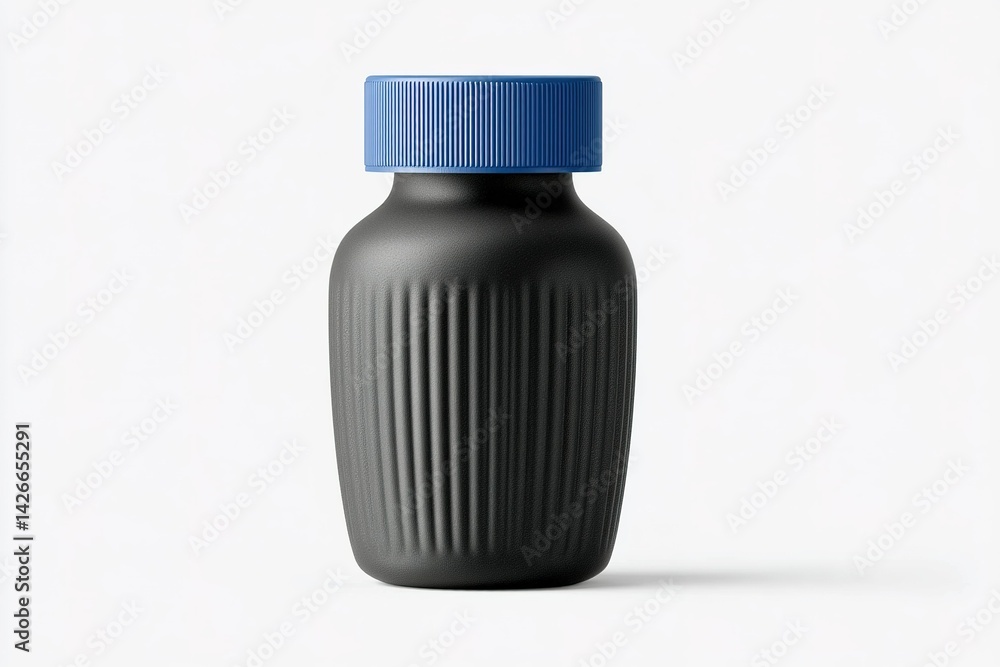 Poster container with a textured black surface and a blue lid displayed on a neutral background