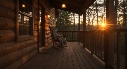 Naklejka premium Cabin Porch Sunset Scene