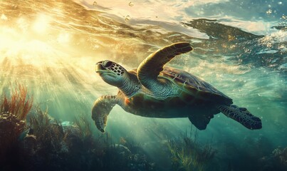 Obraz premium Majestic sea turtle swimming gracefully in sunlit ocean waters