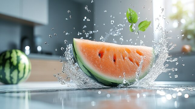 Watermelon slice exploding in water splash