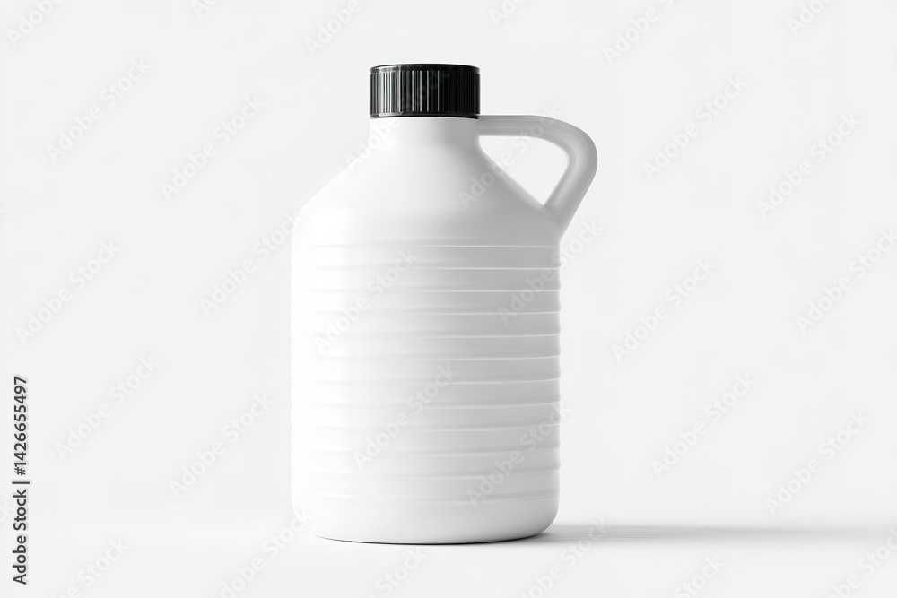 Poster white plastic container with screw cap designed for storing liquids in various settings and applicat