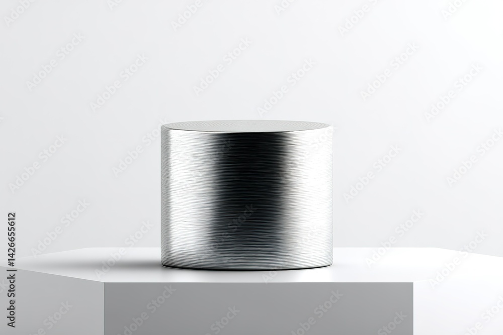 Poster modern cylindrical metallic object placed on a minimalistic display surface in a well-lit setting