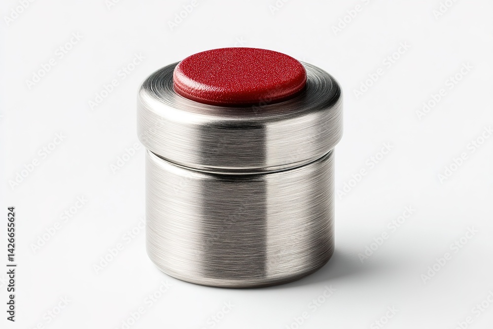 Aufkleber compact metal container with a red button on top, showcasing a modern and sleek design for versatile