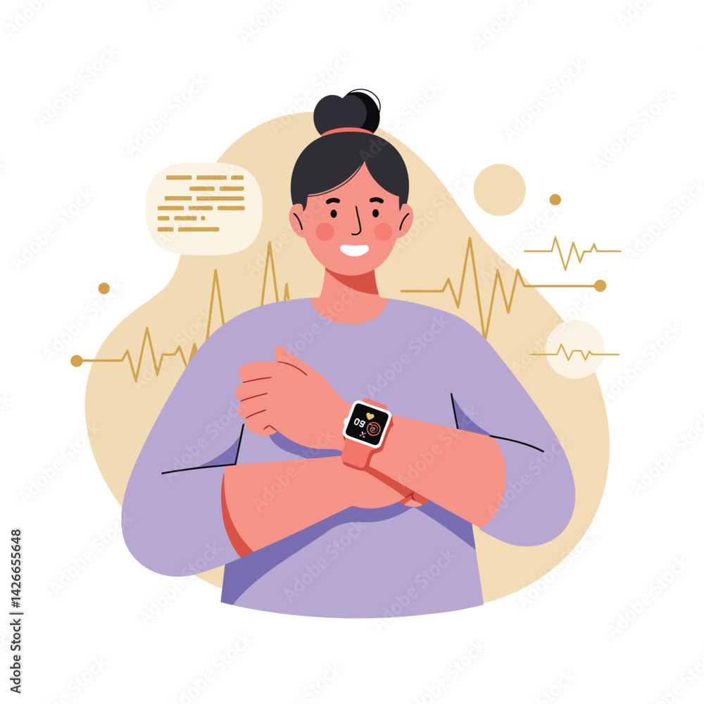 Aufkleber woman checking smart watch with health data and pulse monitoring technology vector illustration in p