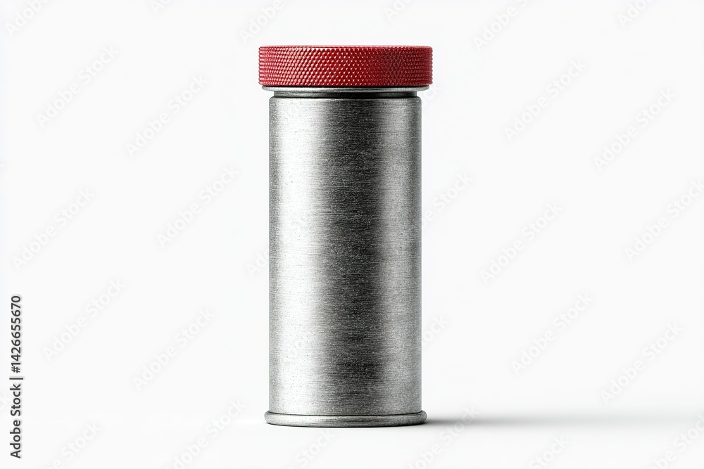 Poster metal container with a red lid designed for storing small items, featured against a clean white back