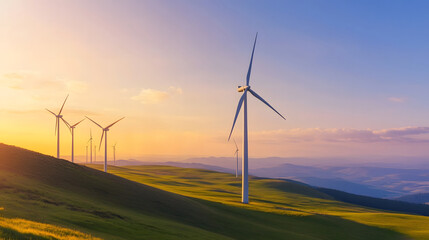 Obraz premium Vast Wind Farm Under Glowing Sunset, Sustainable Rural Energy Production Landscape