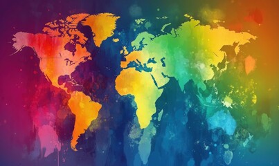 Naklejka premium Colorful watercolor world map with vibrant hues and artistic splashes