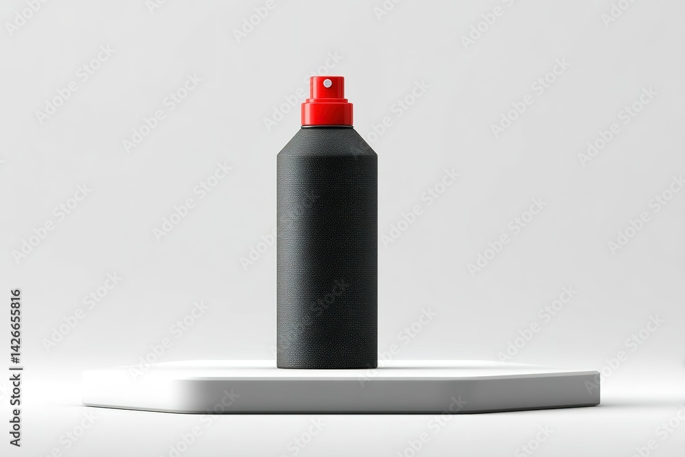 Aufkleber elegant black spray bottle with red nozzle on a minimalist display platform in a bright setting