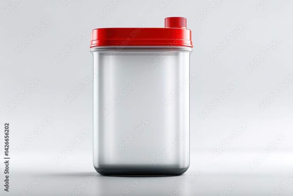 Poster storage container with a red lid on a smooth surface reflecting light in a minimalist setting
