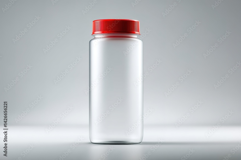 Poster clear plastic container with red lid placed on a light grey surface in a studio environment