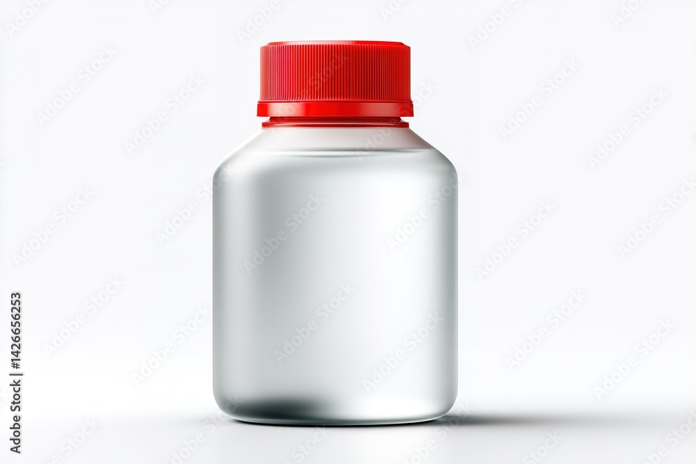 Poster clear bottle with red cap placed on a white background highlighting its modern design and simplicity