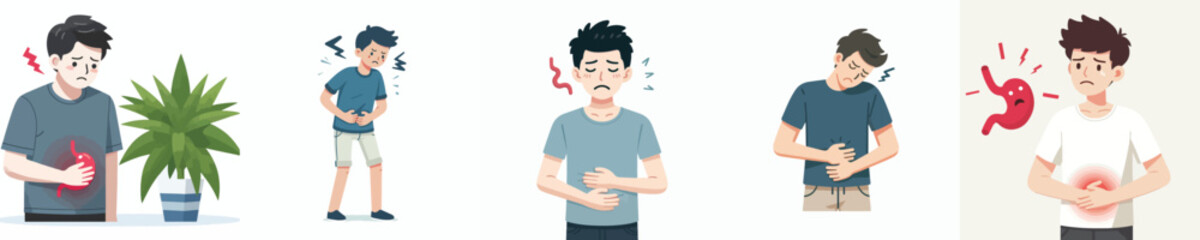 flat design vector collection of a young man with stomachache