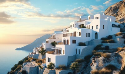 Fototapeta premium Stunning Santorini hillside villas overlooking the Aegean Sea at sunset