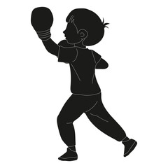 Son training in boxing gloves, boy in sportswear doing boxing. Concept of active lifestyle, sport, young man, sports. Vector flat illustration black and white isolated on white background.