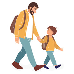 Father and son, walking, strolling, talking, holding hands. Dressed in pants, sweater, with backpacks, smiling and looking at each other. Family scene, walk, care, parenting, education vector