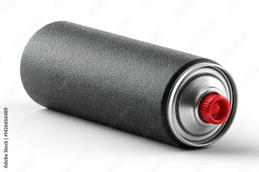 Poster texture spray can with a metallic finish and red nozzle placed against a white background revealing 