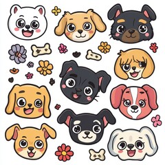 A set of dog faces with flowers and bones