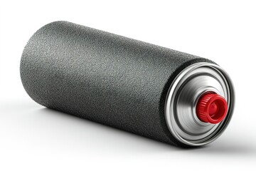 Texture spray can with a metallic finish and red nozzle placed against a white background revealing its design and usage