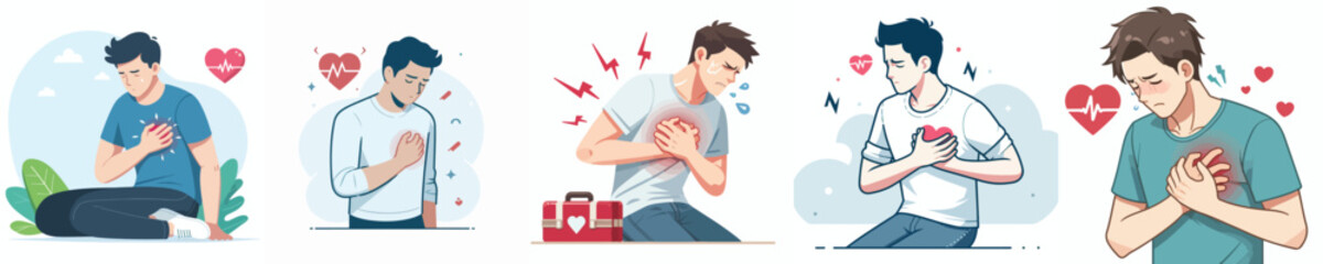 collection of flat design vectors of a young man with chest pain
