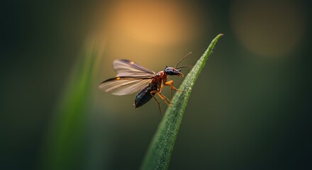 Fototapeta premium Flying Insect Perched on Leaf