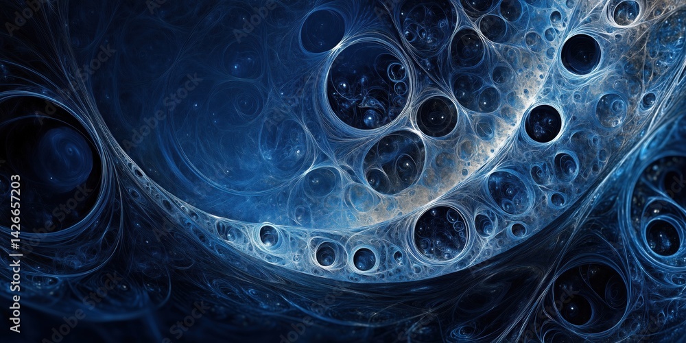 Poster abstract blue fractal design with intricate patterns and circular shapes