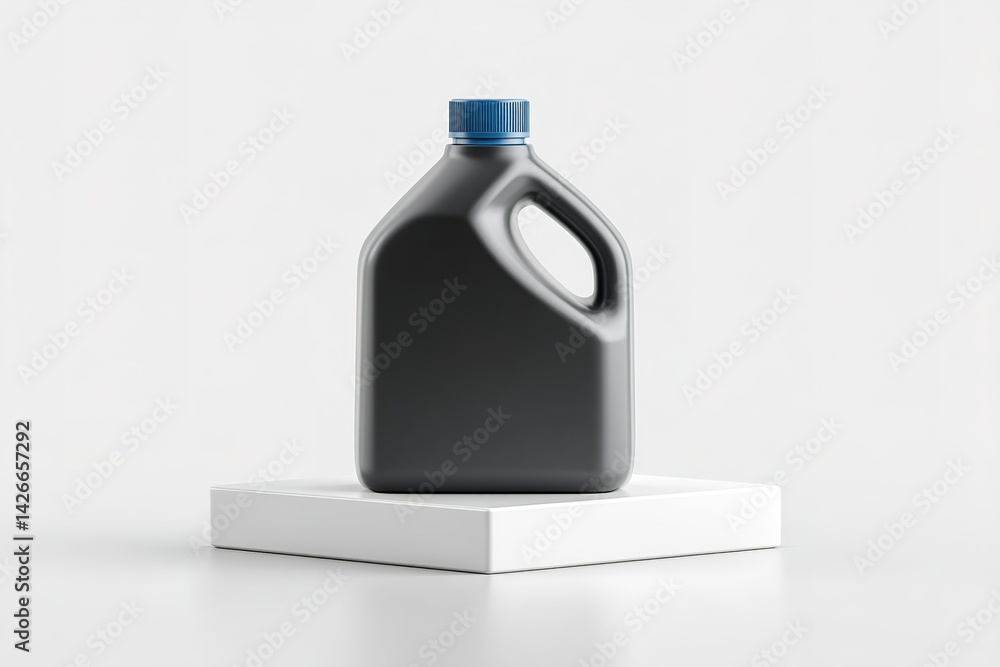 Poster container of dark liquid on a white platform in modern minimalistic setting with soft lighting