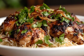 	A close-up of chicken biryani on a white plate, garnished with fresh coriander and fried onions, showcasing vibrant colors. 