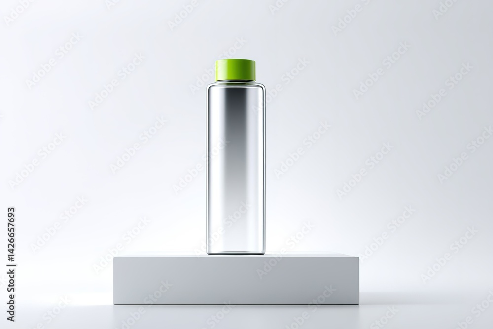 Poster clear bottle with green cap displayed on a white pedestal in a minimalistic setting